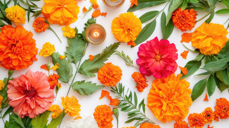A stunning array of orange and pink flowers combined with fresh greenery and candles, perfect for adding a vibrant touch to any celebration or event.の素材