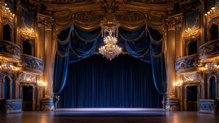 Explore an elegant theater interior featuring a grand chandelier and rich velvet curtains, showcasing a historic opera house ambiance perfect for performances.の素材