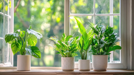 This image showcases a variety of lush indoor plants in decorative pots positioned by a sunlit window, creating a serene and vibrant atmosphere for any home.の素材