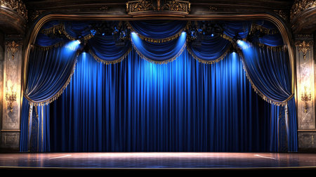 A stunning theatrical stage featuring rich blue drapes and warm lighting, ideal for performances, presentations, and artistic events. The elegant design creates a captivating atmosphere perfect for entertainment and drama.の素材