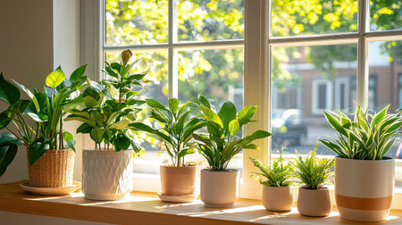A tranquil scene featuring an array of indoor plants arranged beautifully on a sunlit window sill. The vibrant greenery adds freshness and warmth to the modern dの素材