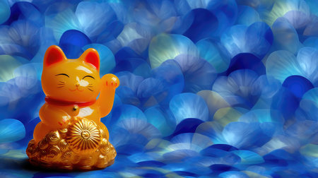 A charming lucky cat figurine rests atop a golden base, set against a vibrant blue floral background with a dreamy bokeh effect, symbolizing positivity.の素材