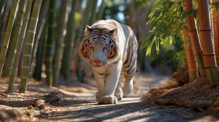 A captivating white tiger strides gracefully through a vibrant bamboo grove, showcasing its striking features and elegance in a natural environment.の素材