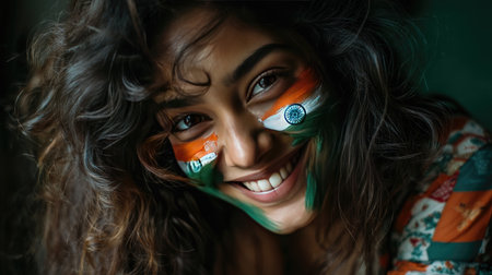 A joyful young woman showcases her vibrant personality with artistic face paint reflecting Indian culture, smiling brightly in a natural light setting.の素材