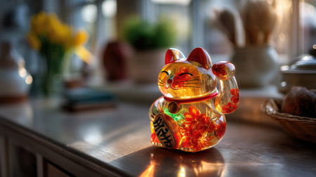A charming ceramic cat figurine with a vibrant floral design sits on a sunlit surface, evoking feelings of warmth and prosperity in a cozy home setting.の素材