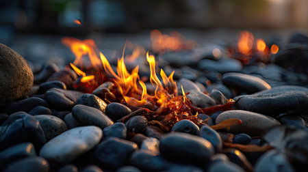 A captivating scene of vibrant flames flickering among smooth pebbles at sunset, creating a striking contrast between fire and stone. The warm glow enhances the tranquil beach atmosphere, making this image perfect for nature enthusiasts.の素材