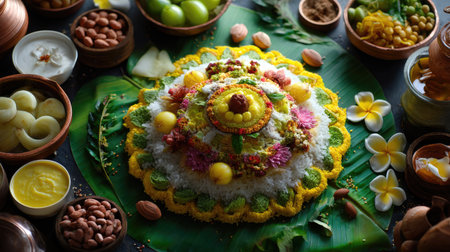 A beautifully arranged platter showcasing vibrant edible offerings on a fresh green leaf, perfect for celebrating cultural festivals with joy and tradition.の素材