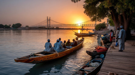 A picturesque sunset casts warm hues over a river, highlighting traditional boats and a bridge. The scene captures serenity and the beauty of nature.の素材