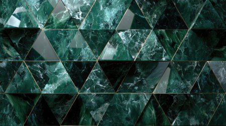 This stunning green marble mosaic features an intricate pattern of triangular shapes, showcasing a polished finish ideal for modern interior design aesthetics.の素材