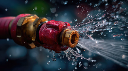 A captivating close-up shot of a fire hose nozzle releasing water forcefully, showcasing dynamic droplets and vibrant colors that highlight the power of water.の素材
