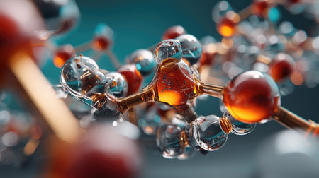 This stunning image showcases a detailed close-up of chemical molecules featuring colorful spheres and transparent bonds, ideal for science-themed projects.の素材