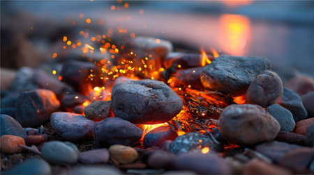 A captivating view of glowing embers and colorful stones on the beach, illuminated by a serene water surface at dusk, creating a warm and peaceful atmosphere.の素材