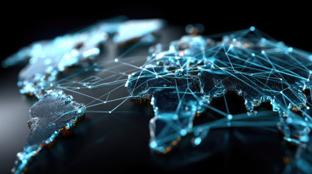 A stunning abstract representation of a global network map, featuring glowing blue lines and dots that symbolize digital connections across continents.の素材