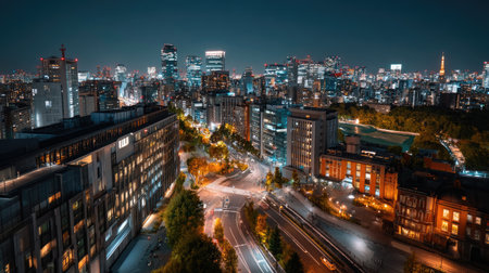 A breathtaking aerial view captures the vibrant Tokyo city skyline at night, showcasing modern architecture illuminated by bright city lights.の素材