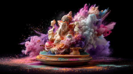 A stunning and vibrant depiction of a Ganesha statue surrounded by a colorful explosion of powders, symbolizing joy and celebration in a cultural festival setting.の素材