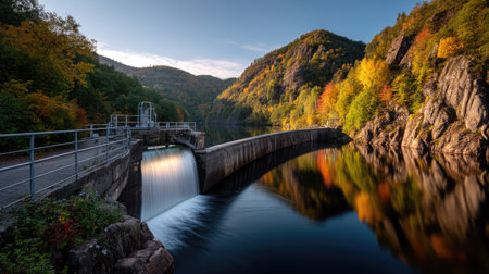 A stunning autumn scene featuring a dam with water flowing gently into a serene reservoir, surrounded by vibrant trees and tranquil mountains.の素材