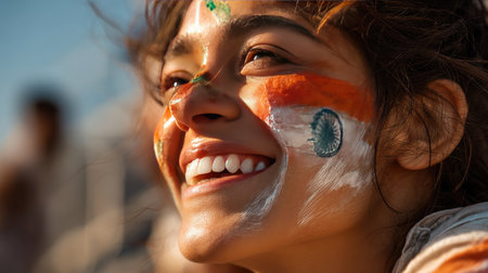 A joyful young woman with vibrant face paint representing national colors beams while celebrating at an outdoor cultural festival, embodying happiness.の素材