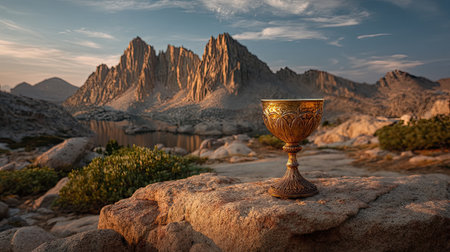 A golden chalice rests atop a rocky outcrop, set against a breathtaking mountainous backdrop illuminated by the soft glow of sunrise, capturing serene beauty.の素材