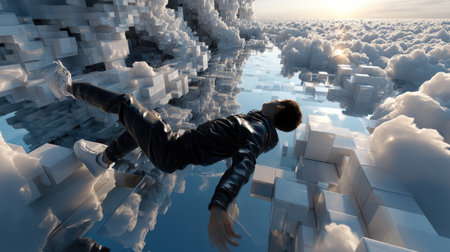 A captivating digital artwork depicting a man floating through a surreal landscape of clouds and reflective cubes. This dreamlike scene evokes creativity and wonder, blending illusion with tranquility.の素材