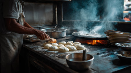 A skilled artisan baker rolls dough in a traditional street kitchen. The scene captures the warm ambiance with steam rising and vibrant market energy.の素材