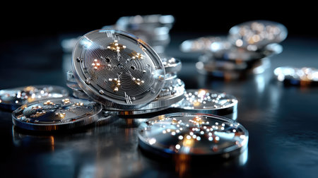 A captivating arrangement of digital cryptocurrency coins featuring intricate circuit patterns and sparkling lights against a dark backdrop, symbolizing modern finance.の素材