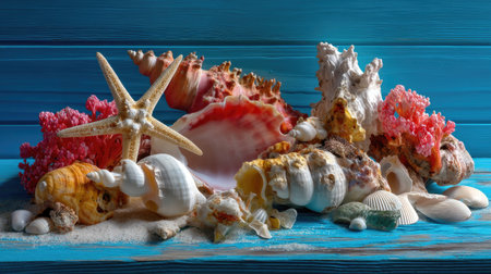 Stunning collection of seashells and a starfish showcased on a bright blue wooden background. Perfect for coastal decor enthusiasts and nature lovers.の素材