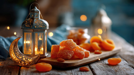 A beautifully arranged still life featuring a shining lantern, dried apricots, and candied fruits on a rustic wooden table, exuding warmth and charm.の素材