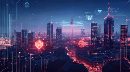 A stunning futuristic city skyline illuminated by bright lights and accompanied by digital elements. This vibrant urban scene symbolizes technological advancement and innovation.の素材