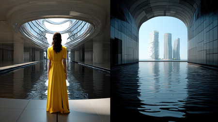 A woman in a striking yellow dress stands in a sleek modern architectural space, gazing at a reflective water surface and futuristic cityscape beyond.の素材