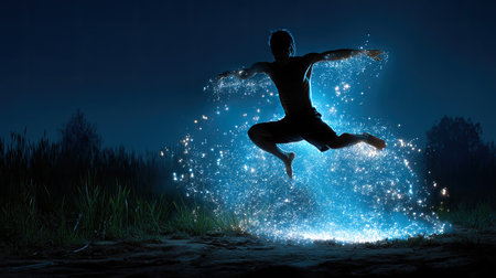 A captivating image of a person leaping in a dark landscape, surrounded by a mystical blue glow and sparkling dust, evoking themes of freedom and magic.の素材