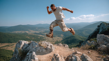 A man captures the essence of adventure as he jumps from a rocky cliff, surrounded by breathtaking mountains and a vast scenic landscape under a bright sky.の素材