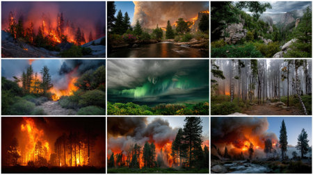 A captivating collage showcasing the duality of nature, featuring intense forest fires juxtaposed with calming views of wilderness, dramatic skies, and vibrant northern lights.の素材
