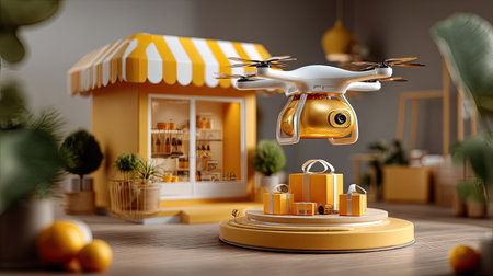 A visually appealing scene featuring a modern drone equipped with a camera, hovering above beautifully wrapped gifts in vibrant yellow tones next to a stylish storefront.の素材