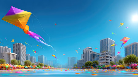 This lively image captures colorful kites soaring above a vibrant cityscape, surrounded by water and people enjoying a festive atmosphere under a clear blue sky.の素材