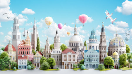 A vibrant fantasy cityscape featuring colorful buildings, hot air balloons, and a bright blue sky, evoking adventure and imagination in a cheerful setting.の素材