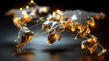 This abstract image features a world map represented with geometric lines and glowing nodes, symbolizing digital connections and modern technology.の素材