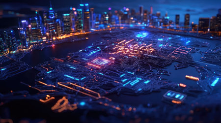 Discover a breathtaking aerial view showcasing a vibrant futuristic cityscape illuminated by neon lights at night, reflecting on the water below.の素材