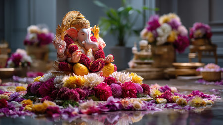 A beautifully crafted Ganesh idol surrounded by an array of colorful flowers, representing spirituality and cultural celebration in a serene setting.の素材