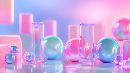 Vibrant abstract composition featuring glass droplets and colorful spheres, showcasing soft pastel hues and reflections, perfect for modern design themes.の素材