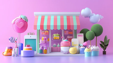 A vibrant and whimsical dessert shop filled with colorful sweets, ice cream, and playful decorations. Perfect for food lovers and creative projects.の素材