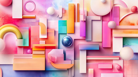 Explore a vibrant array of colorful geometric shapes and patterns in this abstract composition, perfect for modern design projects and artistic inspirations.の素材