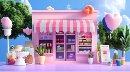 A charming pink dessert shopfront adorned with balloons and hearts, showcasing a delightful array of sweets and pastries. The vibrant scene invites joy and celebration.の素材