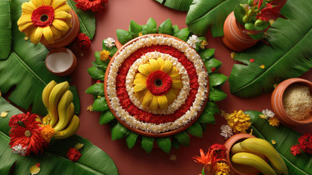 This vibrant display features a floral arrangement with fruits and leaves, ideal for festive occasions and celebrations, showcasing a rich cultural heritage.の素材