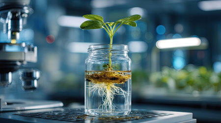 A young plant displaying roots in a clear glass jar filled with water sits in a modern laboratory environment, symbolizing growth and innovation.の素材