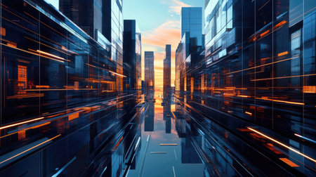 A stunning futuristic cityscape at sunset showcasing vibrant light trails, modern skyscrapers, and beautiful reflections on water. The scene captures urban innovation.の素材