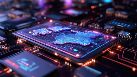 A vibrant digital representation of global connectivity featuring a circuit board design. The image showcases a map laid over a glowing electronic surface, symbolizing technological advancement.の素材