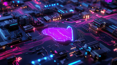 Stunning view of a neon circuit board featuring glowing elements, creating a visually striking representation of modern technology and abstract design.の素材