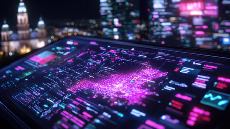 A vibrant and dynamic data visualization display over a city at night, showcasing advanced analytics and technology trends in a colorful urban landscape.の素材