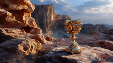 A beautifully crafted golden chalice sits majestically on rugged rocks, framed by towering cliffs and a stunning sunset sky, evoking a sense of adventure.の素材