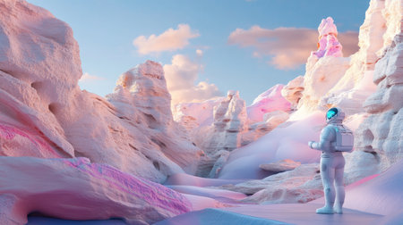 An astronaut stands in an ethereal alien landscape at dawn, surrounded by surreal rock formations and colorful skies, inviting an adventurous exploration of unknown worlds.の素材